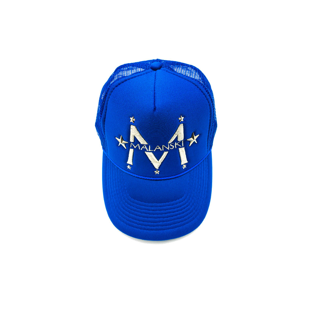 Blue Trucker Hat with Embroidered Logo by Malanski