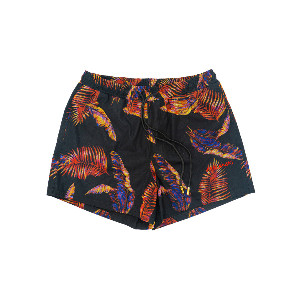 Limited Edition Moore Palm Leaves Printed Black Swim Shorts by Malanski