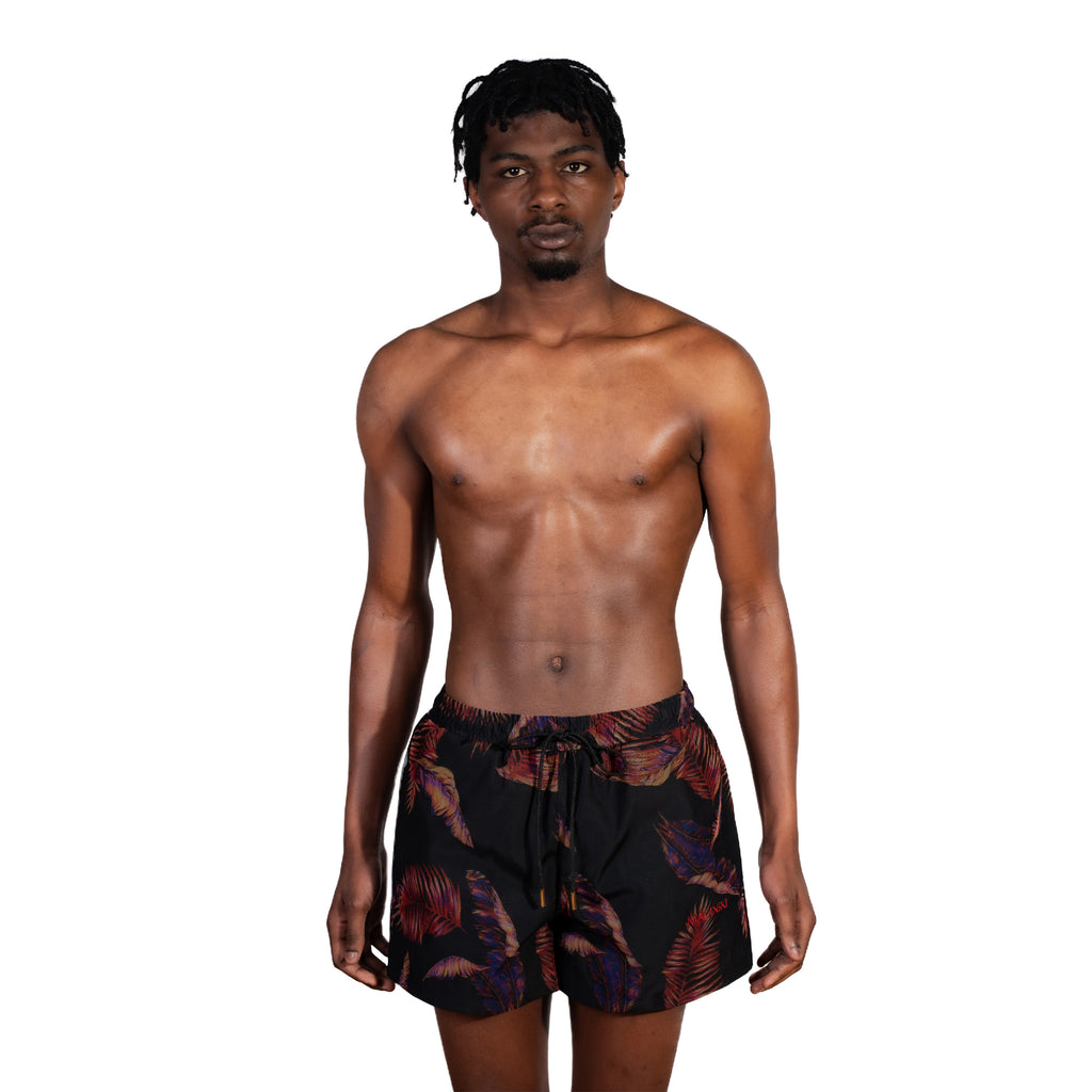 Limited Edition Moore Palm Leaves Printed Black Swim Shorts by Malanski